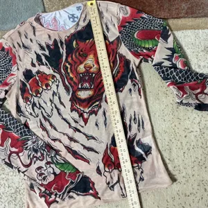 Tattoo Print Mesh Long Sleeve Top Womens S Nude Tiger Dragon Edgy Y2K thumbnail 2