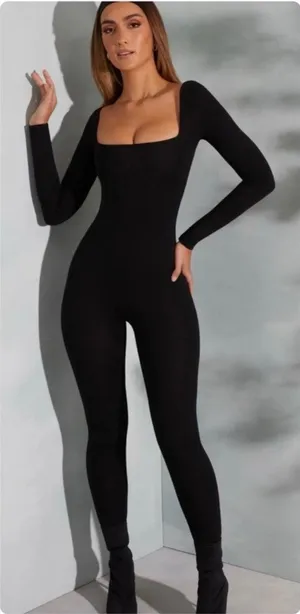 Oh Polly Delanie Square Neck Long Sleeve Jumpsuit in Black size 4 thumbnail 1