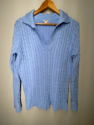 L.L.Bean Blue Cable Knit Collared V Neck 100% Cotton Sweater Heritage Classic‎ thumbnail 2