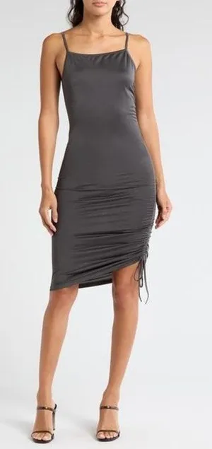 New Free People Intimately Sz L Gray Adiustable Ruched Satin Slip Midi Dress thumbnail 1