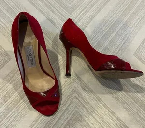 Jimmy Choo Rocky Red Suede Peep-Toe Pumps for Women – Size 37.5 thumbnail 1