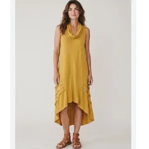 For Cynthia Mustard Yellow Linen Blend Cowl Neck Tulip Hem Midi Dress‎ Small thumbnail 9