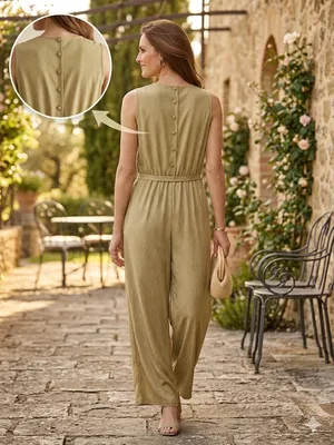 Gillia Olive Green Sleeveless Belted Wide-Leg Jumpsuit thumbnail 2