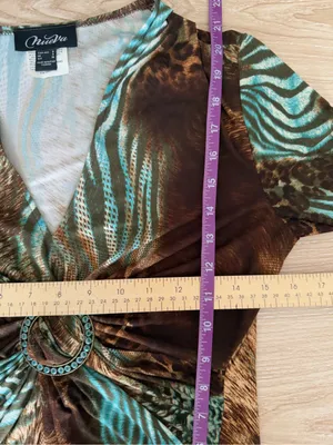 90s Y2K US 6 3/4 Sleeve Top Brown Blue Leopard Animal Ruch Twist Party Rave thumbnail 5