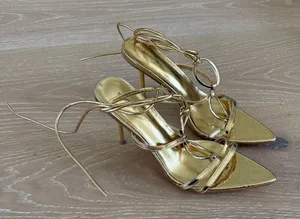 PrettyLittleThing RIng Detail Lace Up Strappy Pointed Toe Heels Size US 10 Gold thumbnail 1