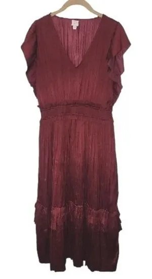 Ryan + Ryan Womens Smocked Midi Flutter‎ Dress Burgundy,M thumbnail 1