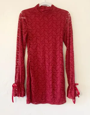 Revolve Lovers + Friends Talia Lace Long Bell Sleeve Mini Dress in Ruby Red thumbnail 2
