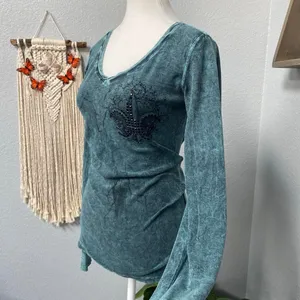 American Age Blue Green Long Sleeve Henley Top Fleur De Lis Y2k Grunge Fairy Alt thumbnail 3