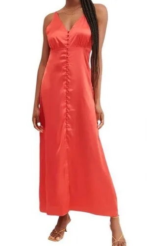 Anthropologie NEW Red Satin Button Front Slip Dress thumbnail 1