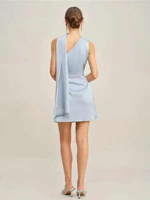 RIHOAS One-Shoulder Satin Mini Dress in Light Blue with Draped Scarf thumbnail 6