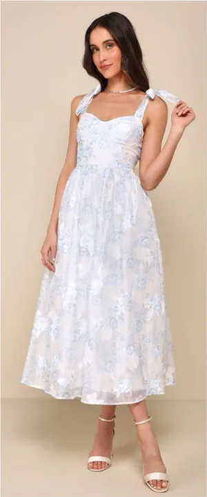 Lulus White Baby Blue Floral Burnout Tie-Strap Sweetheart Midi Dress Size M thumbnail 1