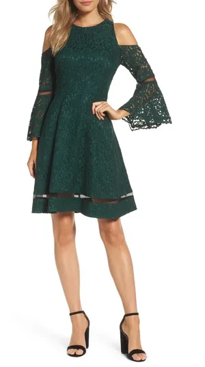 Eliza J Cold Shoulder Bell Sleeve Fit & Flare Lace Dress, Emerald Green, Size thumbnail 1