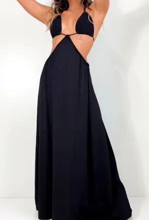 Shore Black Halter Cutout Maxi Dress Womens M Ecovera Vegan USA Resortwear Beach thumbnail 1