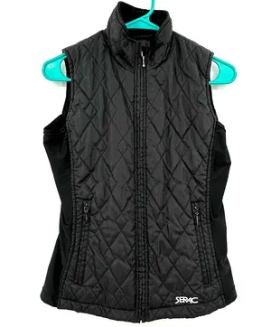SERAC size small black quilted puffer vest zip up front fleece sides zip pockets thumbnail 1