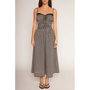 NIA Black Tan Gingham Smocked Midi Thomas Dress Lace Trim Pockets Womens Medium thumbnail 11