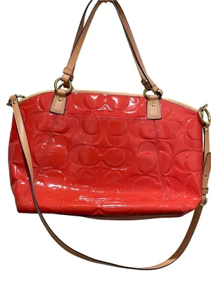 Coach Peyton Embossed Patent Leather Coral Orange Shoulder Crossbody Tote F20028 thumbnail 13