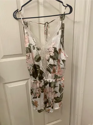 Victoria's Secret Floral Lace-Trim Satin Romper - Pink & Green thumbnail 5