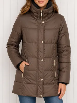 Michael Kors Womens‎ Brown Quilted Puffer Jacket Funnel Neck Winter Coat Medium thumbnail 1
