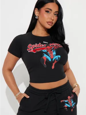 Marvel Black Spider-Man Graphic Crop Top with Red & Blue Print thumbnail 1
