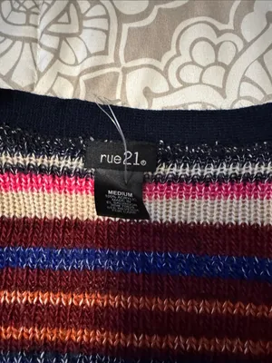 Rue21 Striped Multicolor Open Cardigan with Navy Trim thumbnail 2