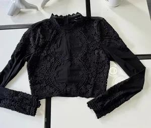 Windsor Black Lace Overlay Long Sleeve Mesh Crop Top - Size Small thumbnail 1