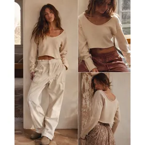 100% Cashmere Free People Cream Cropped Scoop Neck Sweater Exposed Back Seam XS thumbnail 2