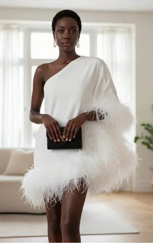 One-Shoulder Fur Trim Mini Dress - White thumbnail 1