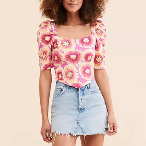 FREE PEOPLE Give Me‎ More Floral Crop Top Puff Sleeve Crisscross Back Small thumbnail 8