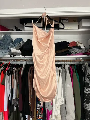 Leau Cabo gold satin adjustable strappy rouched mini dress M NWT thumbnail 7