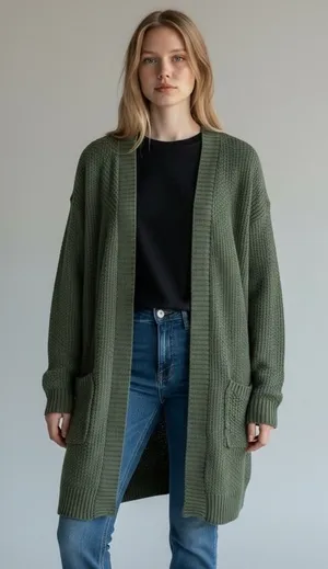 GAP Olive Green Textured Cotton Open Front Longline Cardigan Sweater Size M NWT thumbnail 1