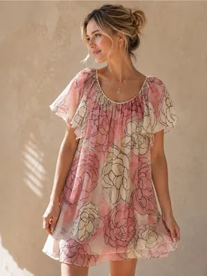 BCBGMaxAzria Boho Blush Pink Floral Mesh Cottagecore Flutter Sleeve Dress thumbnail 10