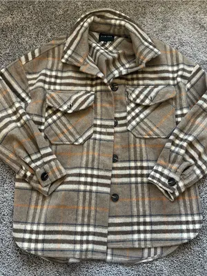 Timing Brown Plaid Utility Shacket with Cream & Orange Accents thumbnail 2