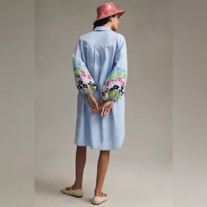 Essentiel Antwerp Embroidered Puff Sleeve Cotton Button Down Blue Dress S thumbnail 3