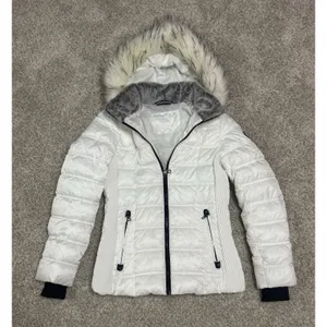 Nautica White Puffer Jacket Faux Fur Hood Quilted Winter Coat Size Small thumbnail 3