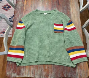 POL Sage Green Chunky Knit V-Neck Sweater Rainbow Stripe Sleeves Pocket M thumbnail 1