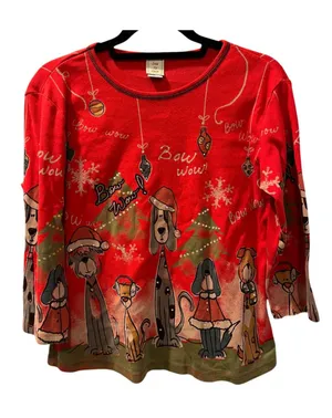 Vtg Jess & Jane Christmas Shirt Women's Medium Red Bow Wow Dogs Rhinestone Bling thumbnail 1