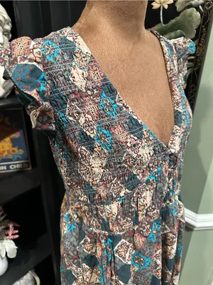 Anthropologie “Peregrine” Patchwork Midi Dress – Smocked Bodice – Size Medium thumbnail 4