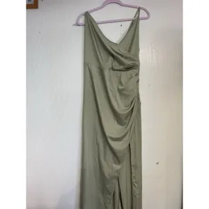 SHEIN BAE Curve Maxi Slip Dress 1XL Plus Green Satin Cowl Neck Ruched Slit thumbnail 2