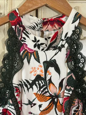 by Anthropologie Floral Lace-Trim Midi Dress in White with Red & Pink Blooms S-8 thumbnail 10