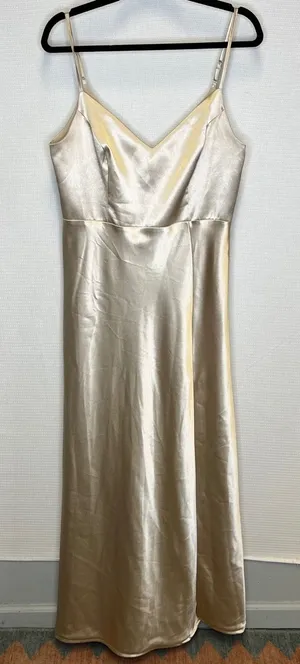 Birdy Grey Champagne Gold Satin V-Neck Spaghetti Strap‎ Maxi Dress Slit Large thumbnail 1