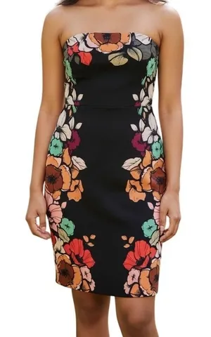 EXPRESS Black Floral Print Strapless Bodycon Dress EUC Size‎ 6 thumbnail 1