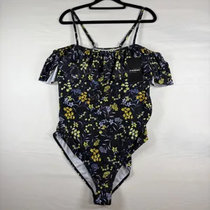 Fashion Womens Black Floral Off Shoulder‎ Ruffle One Piece Swimsuit Size L NWT thumbnail 2