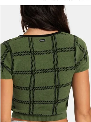 RVCA Green Black Plaid Knit Crop Top Bow Scoop Neck Short Sleeve EUC Size M thumbnail 2