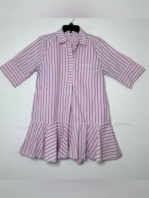 Entro Pink White and Navy Parker Striped Ruffle-Hem Mini Shirt Dress Size S thumbnail 2