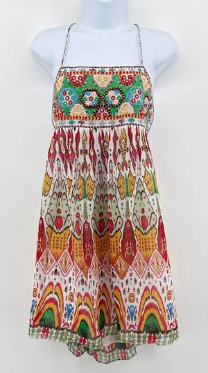 Zara Embroidered Sequin Mini Dress M Boho Ikat Open Back Sundress Repair PROJECT thumbnail 1