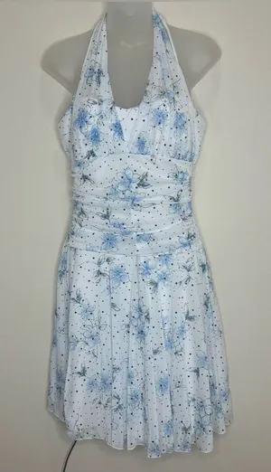 Taboo Y2K 90s White halter v neck Floral Halter Dress Light Blue size large thumbnail 1