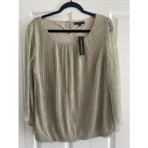Sara Michelle Pleated Metallic Blouse Womens Size L Gold Shimmer Bell Sleeve Top thumbnail 2