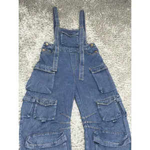 N.1LA Women’s Barrel Leg Denim Overalls Size M Y2K Cargo Jeans Multi Pocket thumbnail 3