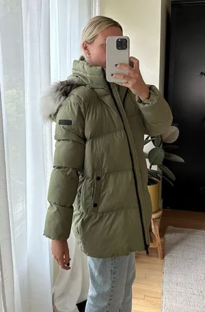 Sam Edelman Water Repellent Faux Fur Trim Puffer Jacket Quilted Green Women's M thumbnail 3