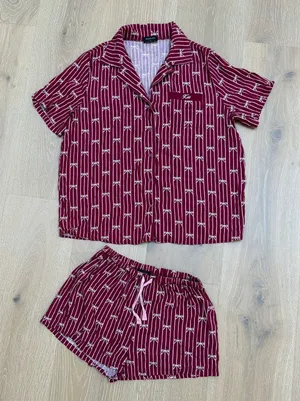 White Fox Shorts Pajamas Bow Print Personalized "Kat" Size S Burgundy Red thumbnail 1